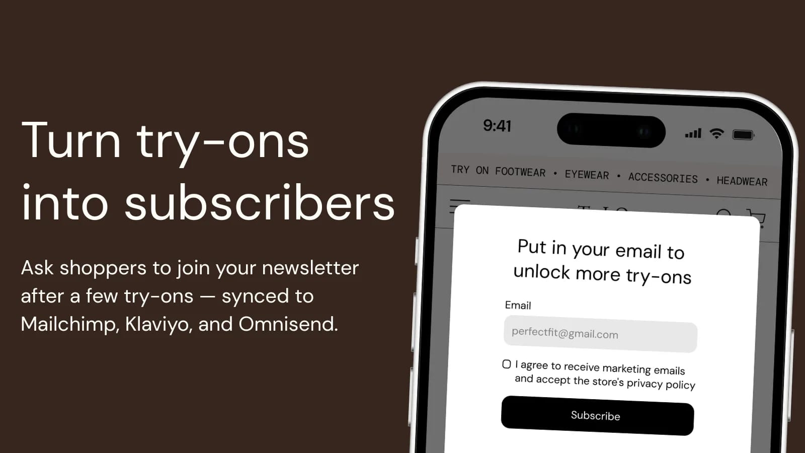 An email capture step shown after a few try-ons, with a marketing consent checkbox and a Subscribe button