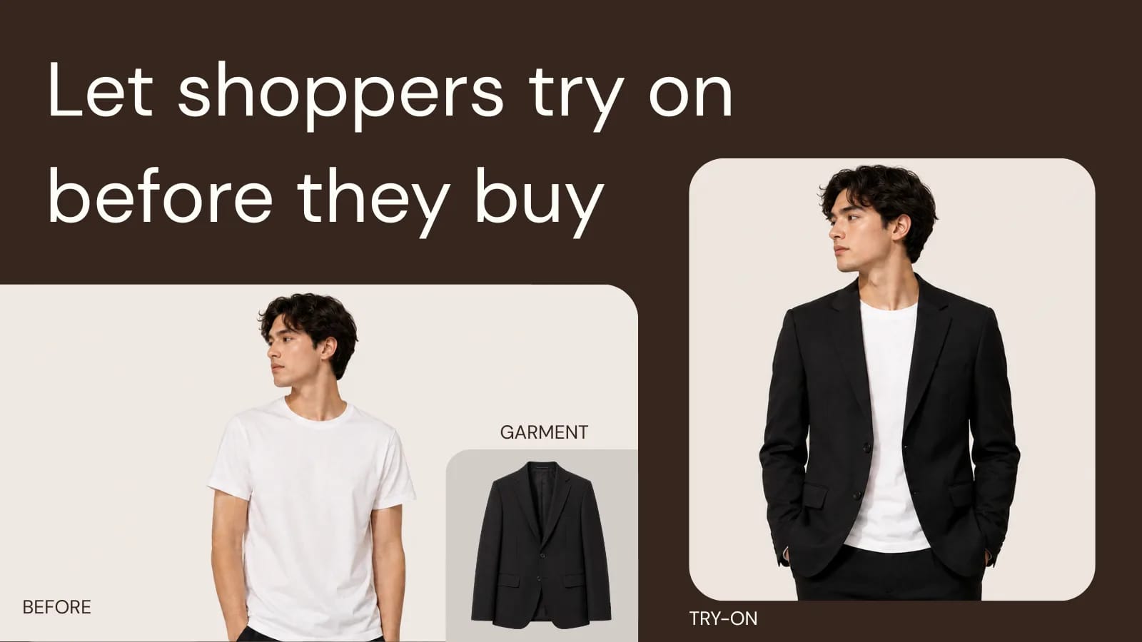 A shopper's photo, a product image of a black blazer, and the AI-generated result showing the blazer worn by that shopper