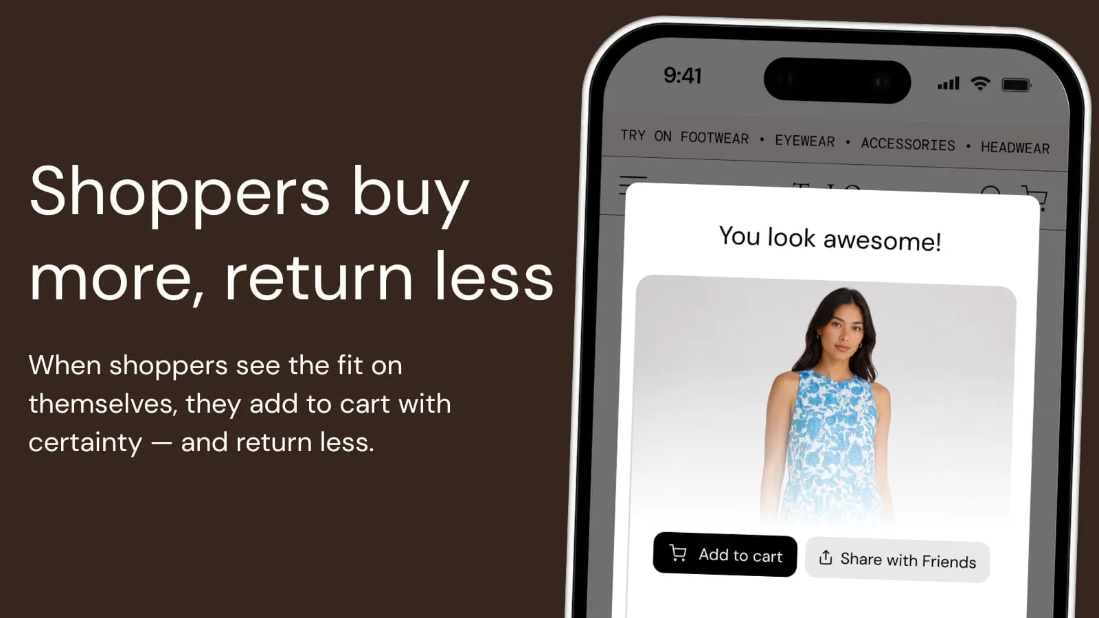 A try-on result on a Shopify storefront with Add to cart and Share with Friends buttons beneath it