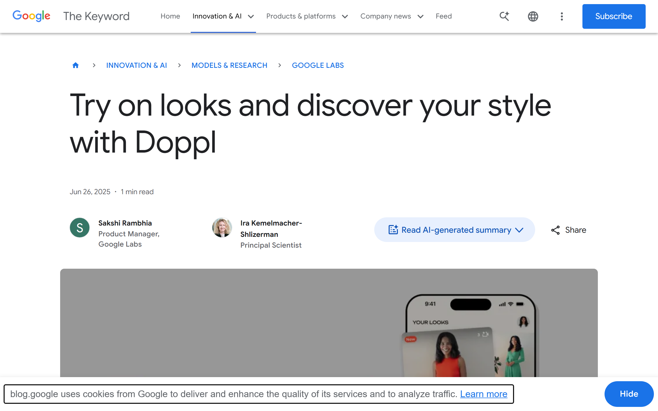 Google's Doppl virtual try-on app announcement on the Google blog