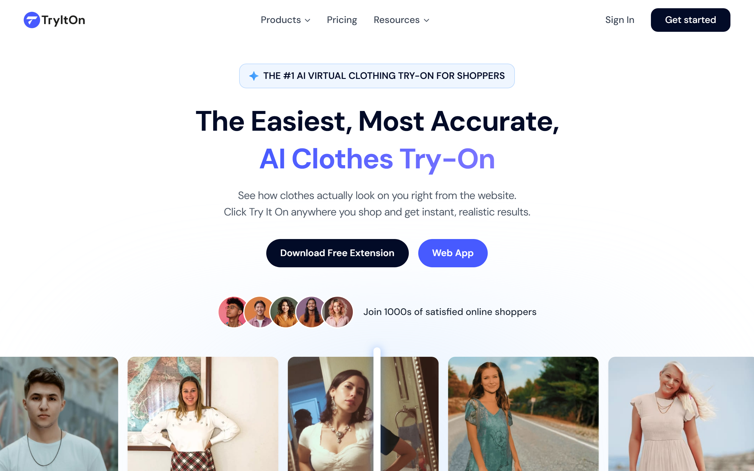 TryItOn homepage showing AI clothes try-on for online shoppers