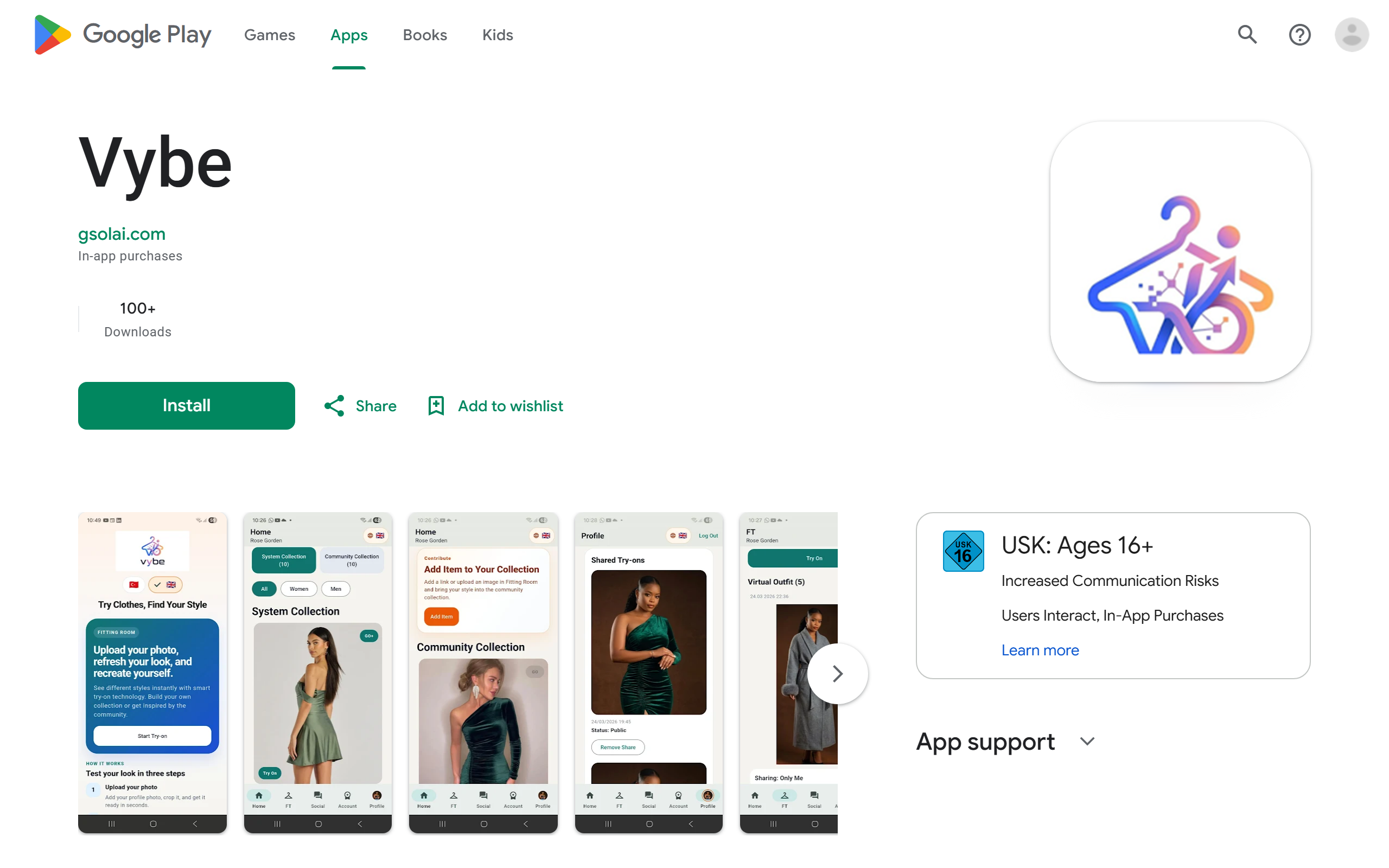 Vybe virtual try-on app listing showing outfit try-on UI
