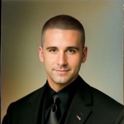 Buzz cut — front and side view, hair clipped to a short even length all over with a soft natural hairline