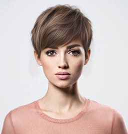 Pixie cut — close-cropped sides and nape with soft textured length on top, swept slightly forward