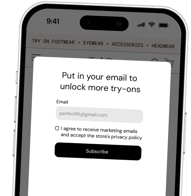 The TryItOn newsletter capture step asking a Shopify shopper for their email to unlock more virtual try-ons