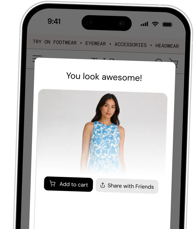 The TryItOn widget showing a virtual try-on result with add to cart and share buttons on a Shopify store