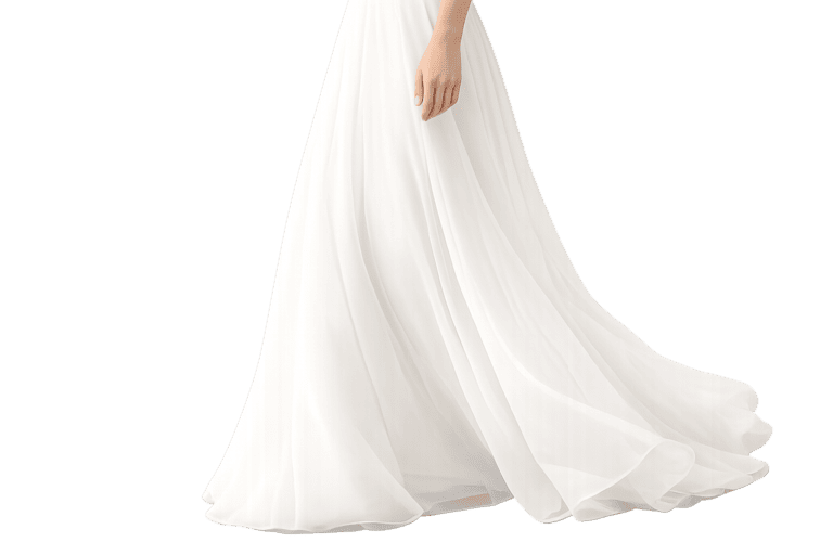 Photorealistic AI-generated wedding dress on a virtual model, showcasing a high-fidelity lace bodice and flowing silk skirt using virtual try-on technology